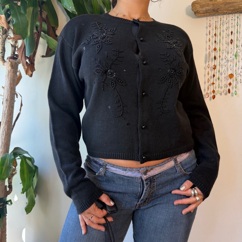 Lizwear Vintage 90s Black Beaded Whimsigoth Cardigan Sweater Large Floral Sequin